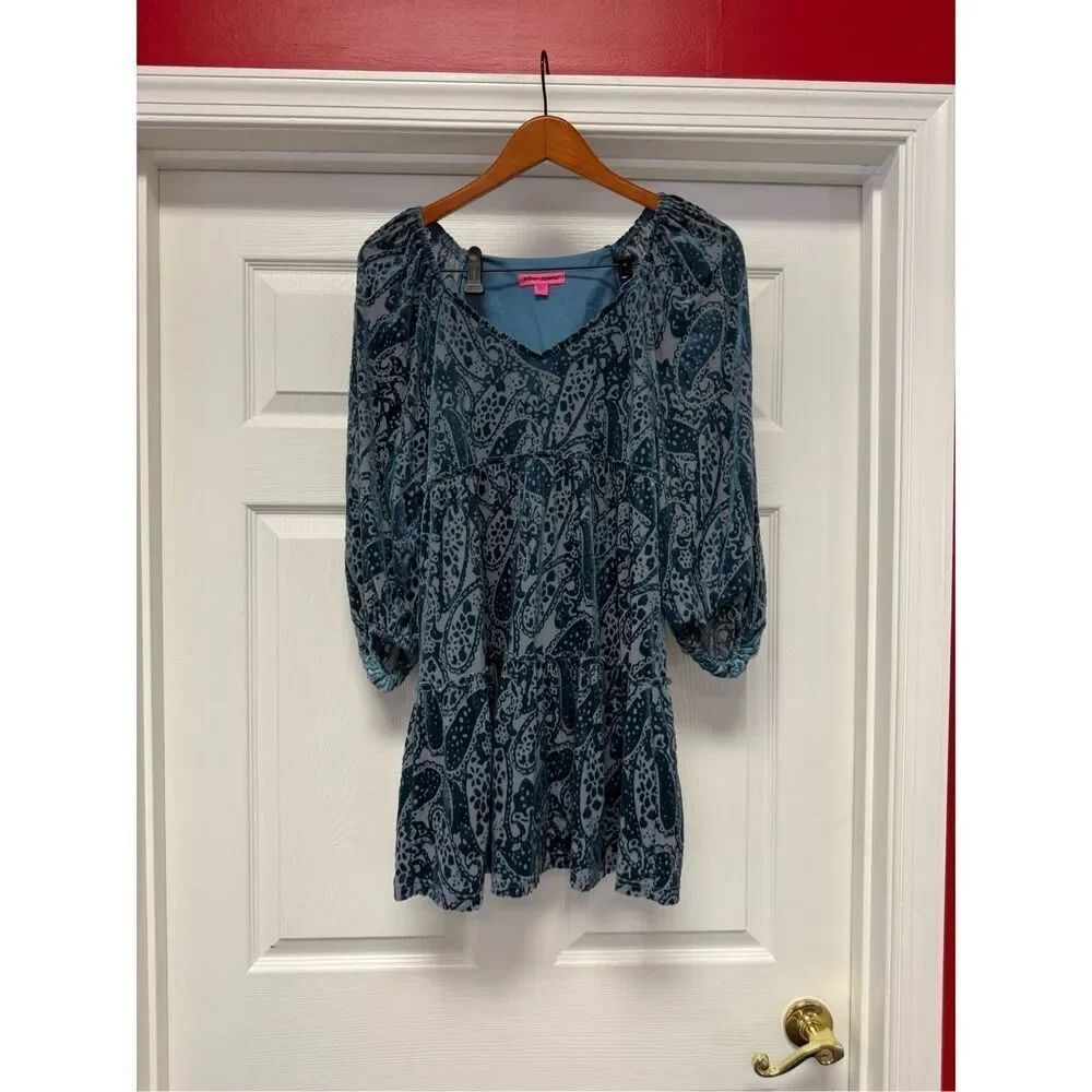 Betsey Johnson Y2K Blue Gray Velvet Burnout Tiered Mini Dress sz XS